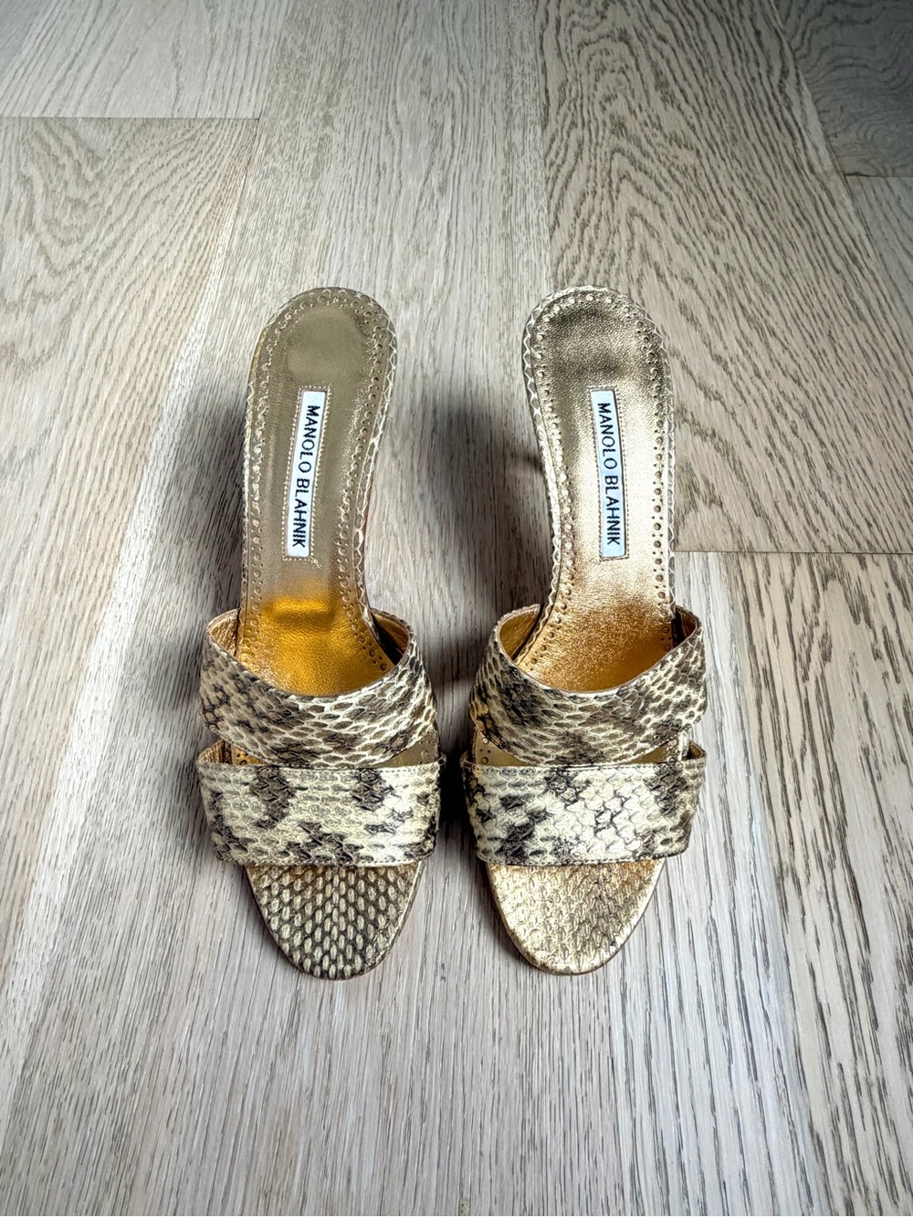NEW Manolo Blahnik Gold Snake-Print Slide Sandal Mule Heels